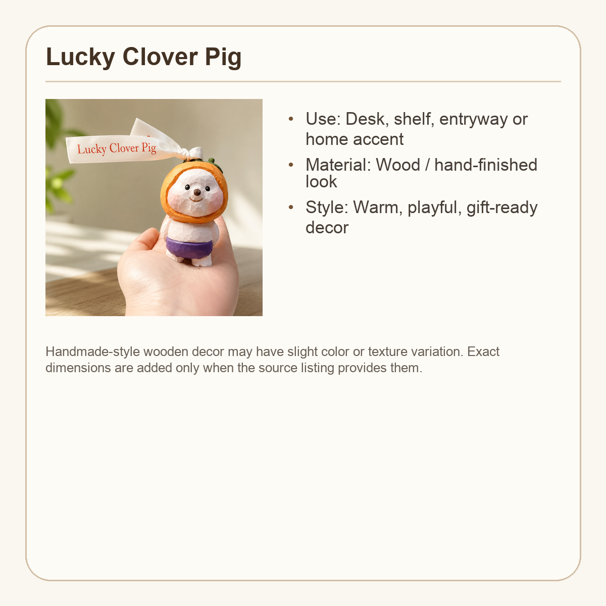 Lucky Clover Pig Wooden Figurine