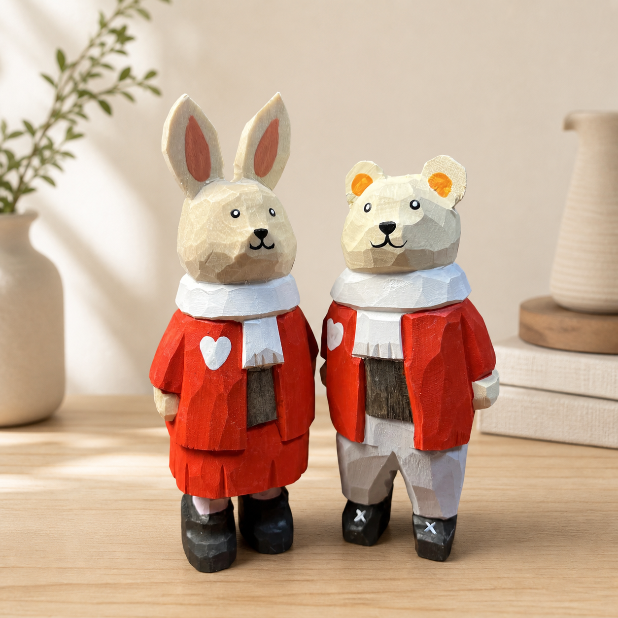 Bunny Bear Friends Figurine | Handmade Wooden Desk Decor - AI lifestyle product photo