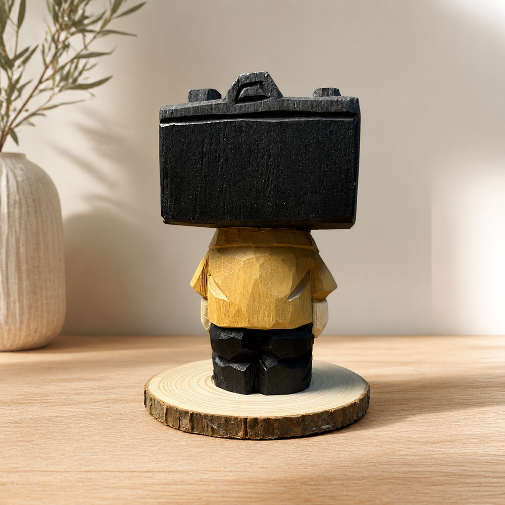 Camera Guy Wooden Figurine | Handmade Wooden Desk Decor - AI lifestyle product photo