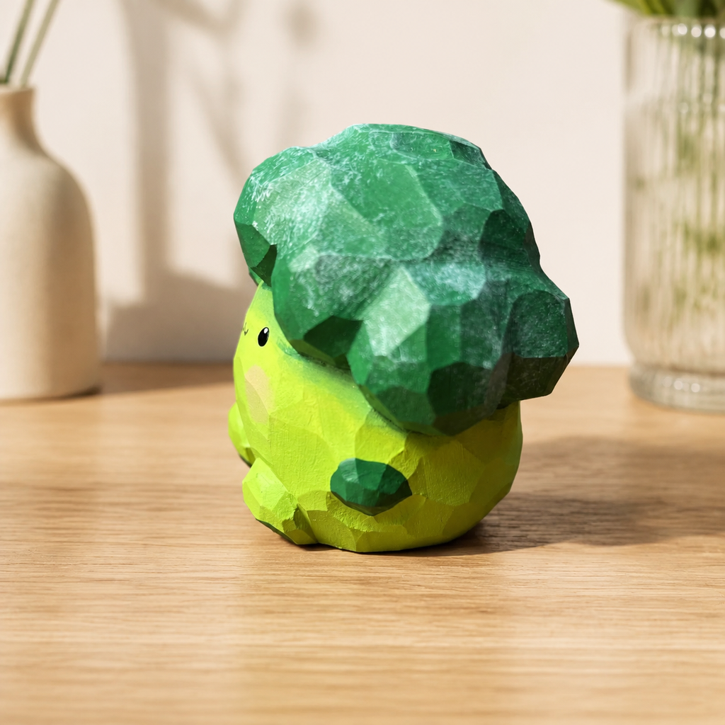 Cute Broccoli Figurine | Handmade Wooden Desk Decor - AI lifestyle product photo