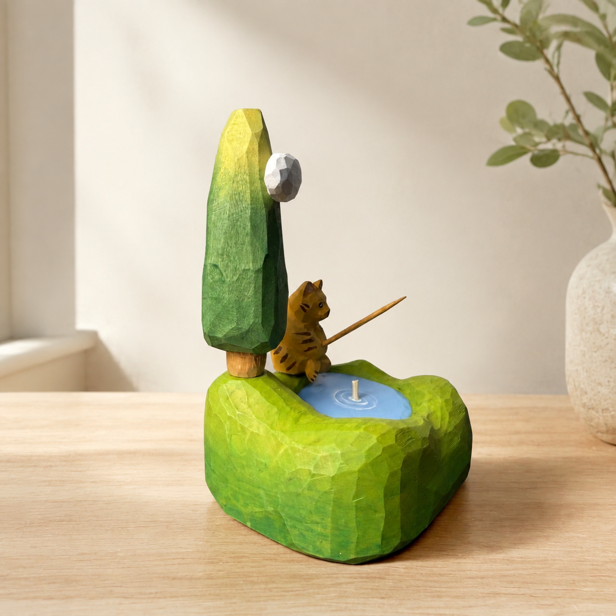 Fishing Cat Wooden Scene | Handmade Wooden Desk Decor - AI lifestyle product photo