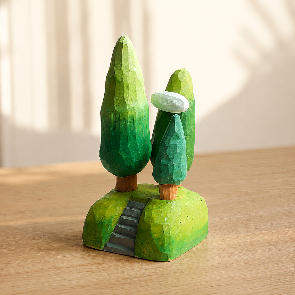Hand-carved forest tree scene with cloud - alternate view