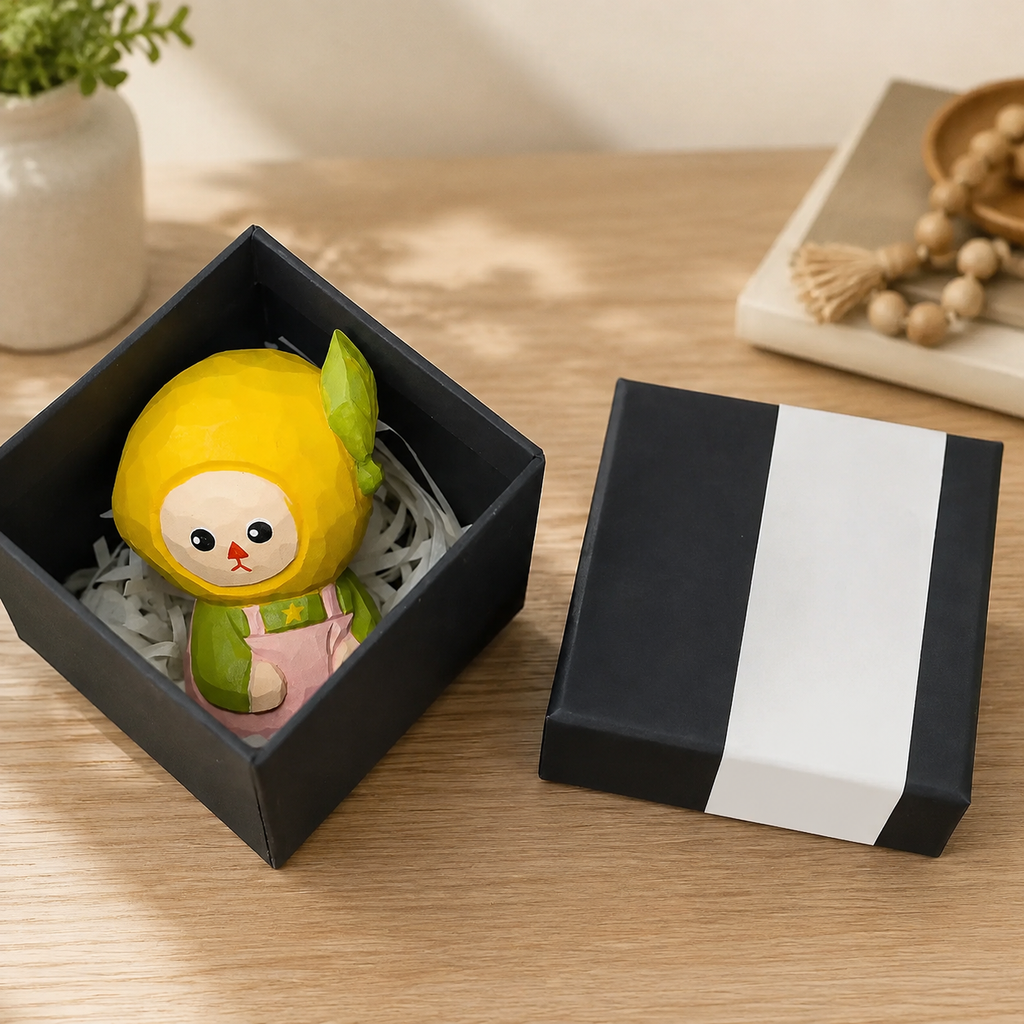 Wooden Fruit People Figurines | Handmade Desk Decor — Lemon Person — Pink with Raffia & Black Gift Box — Western home decor product photo