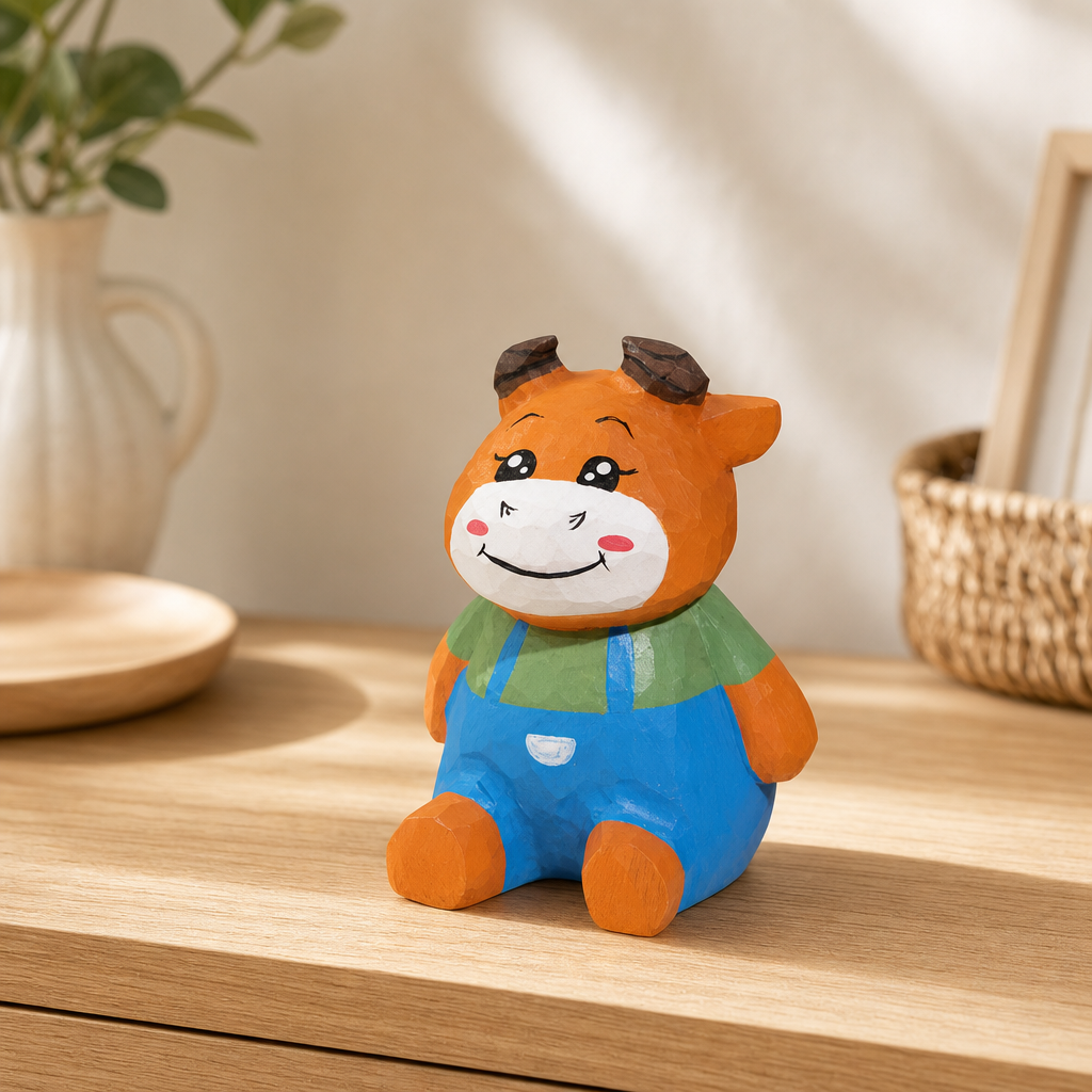 Sitting orange calf wooden figurine with expressive painted details on tabletop
