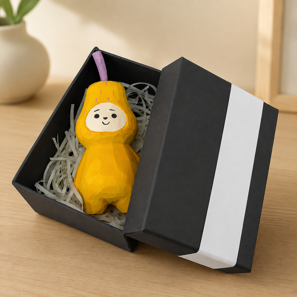 Pear Character Wooden Figurine | Handmade Desk Decor — Pear Character with Raffia & Black Gift Box — Western home decor product photo