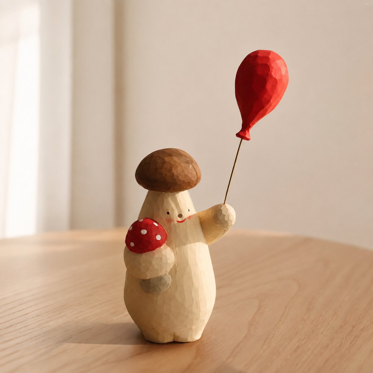Mushroom Doll With Balloon | Handmade Wooden Desk Decor - Red Balloon Style