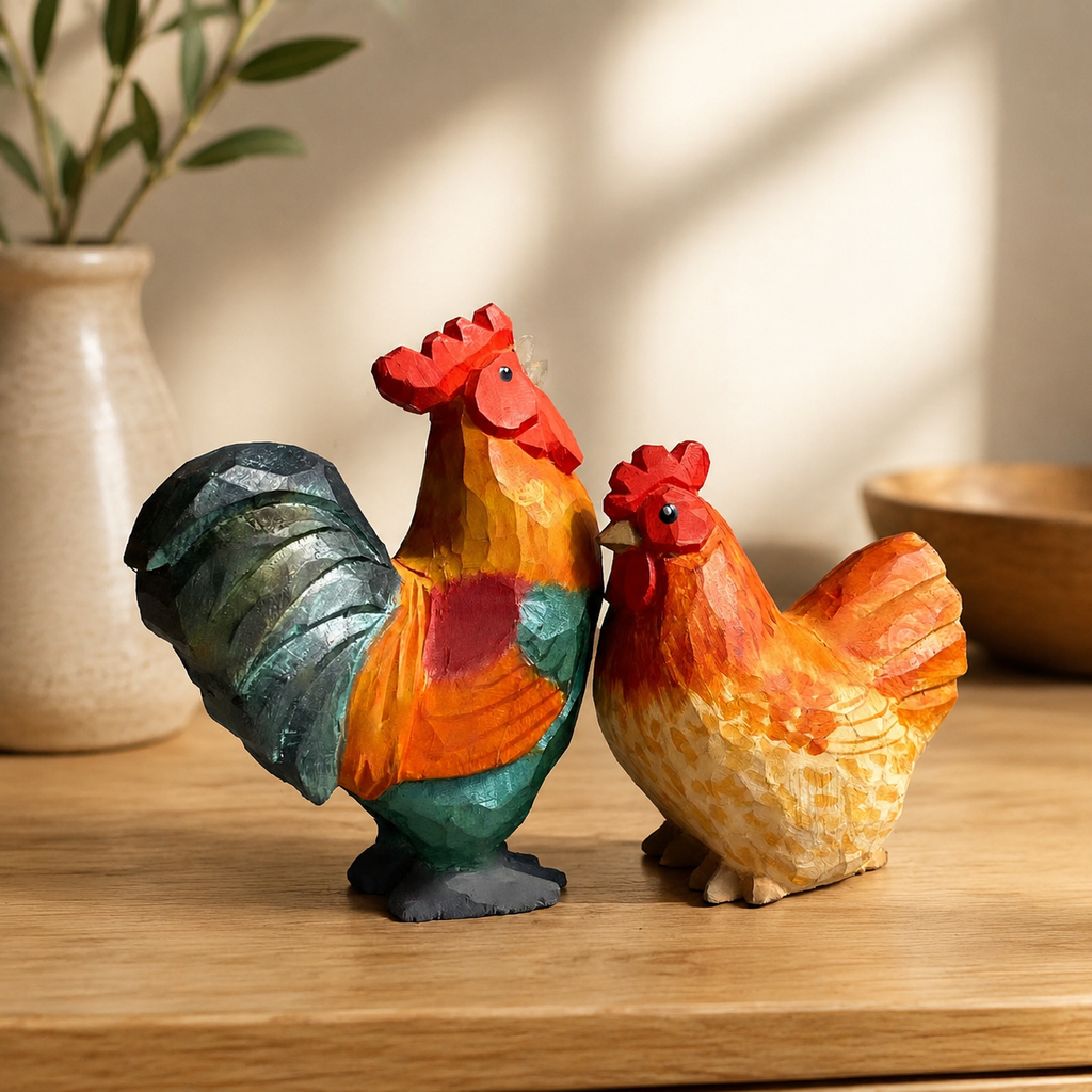 Wooden Rooster & Hen Figurines | Handmade Desk Decor — Rooster & Hen Pair — Western home decor product photo