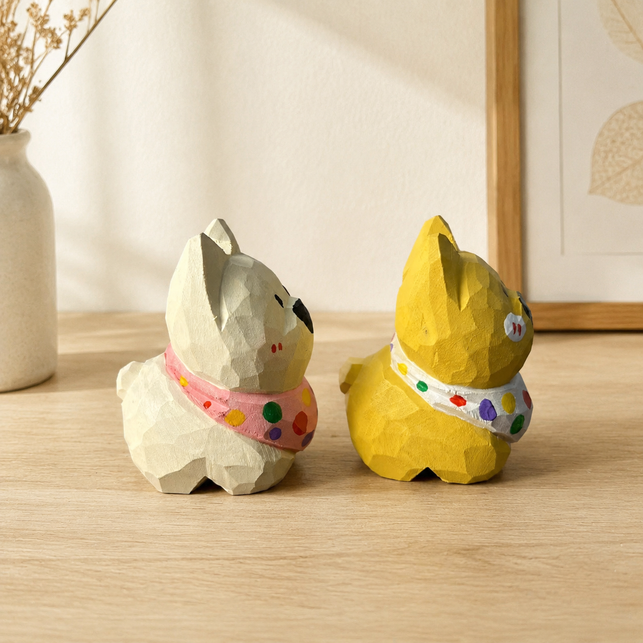 Westie Scarf Puppy Figurine | Handmade Wooden Desk Decor - AI lifestyle product photo