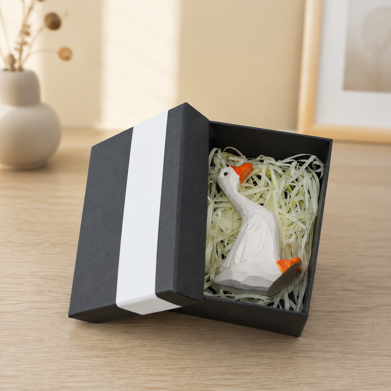 Lucky White Goose Wooden Figurine | Handmade Desk Decor — White Goose with Raffia & Black Gift Box — Western home decor product photo