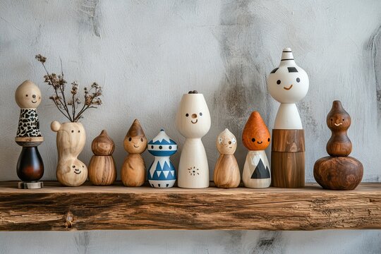 Collection of handmade wooden figurines displayed on a rustic wooden shelf
