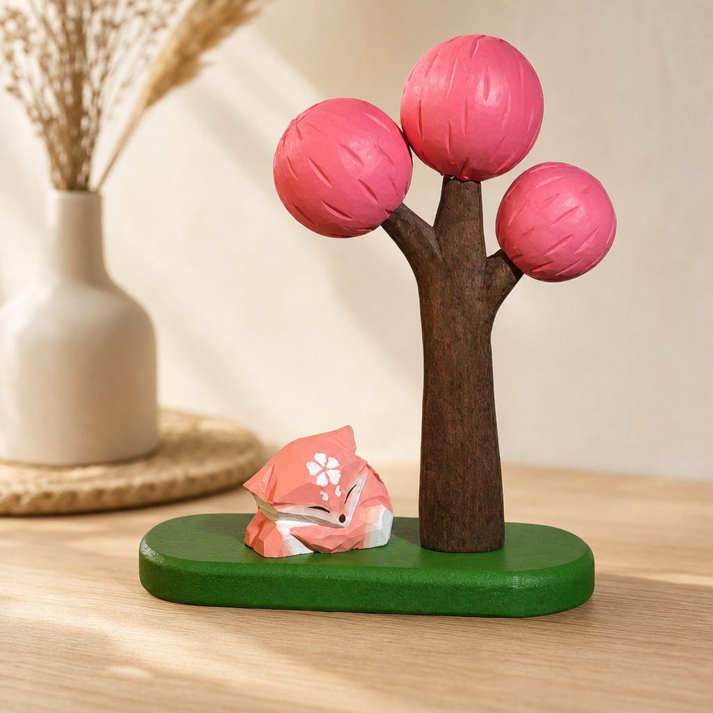 Big Tree Wooden Scene Collection — Cherry Blossom Tree with Wooden Fox