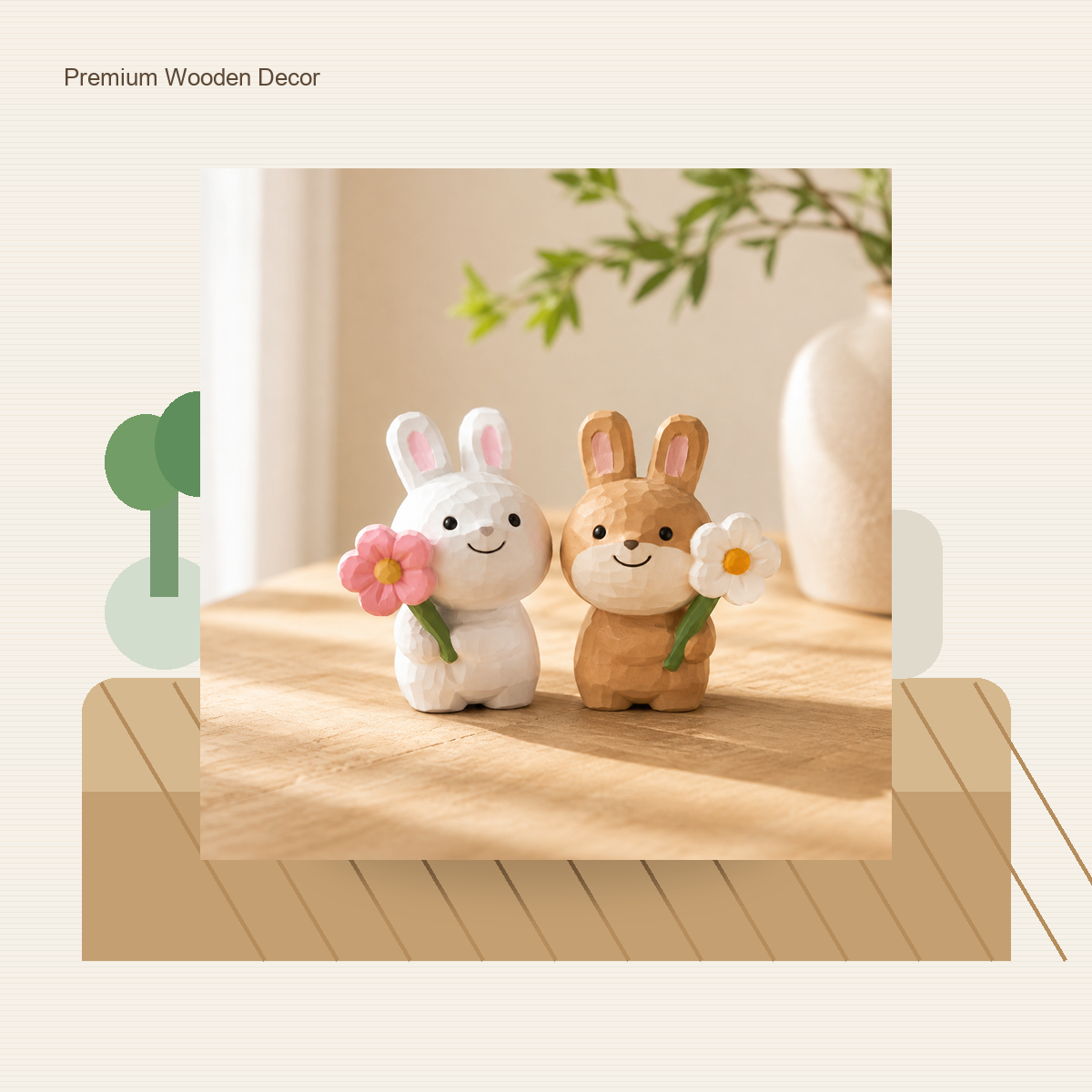Lucky Bunny with Flower Wooden Figurine
