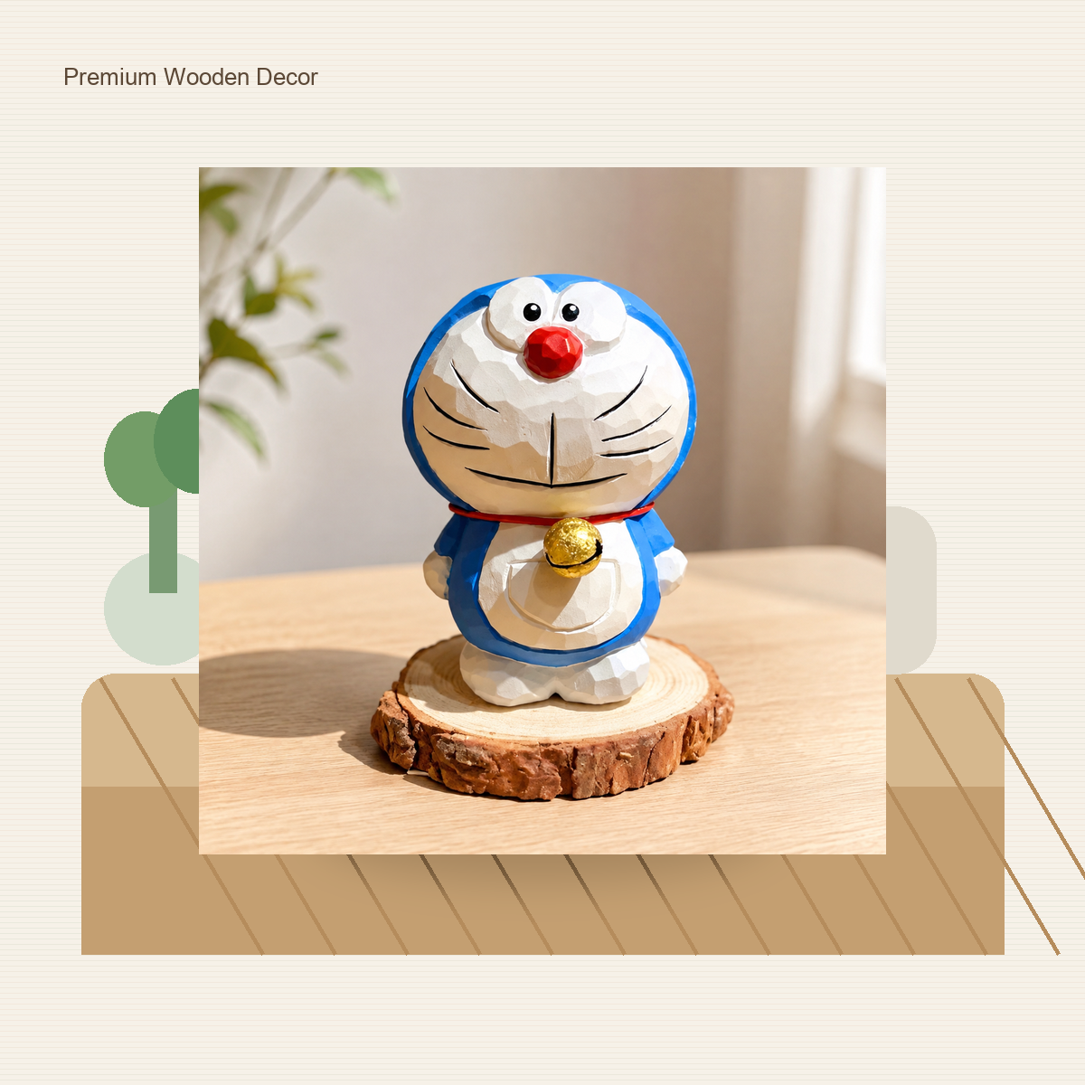 Blue Cartoon Cat Wooden Figurine