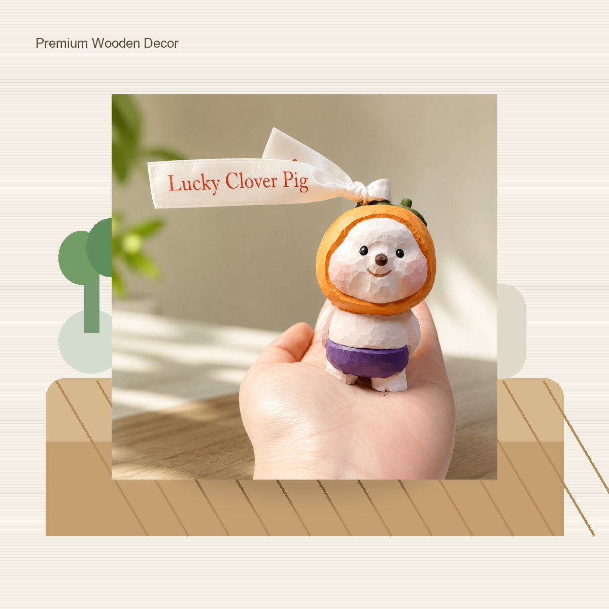 Lucky Clover Pig Wooden Figurine