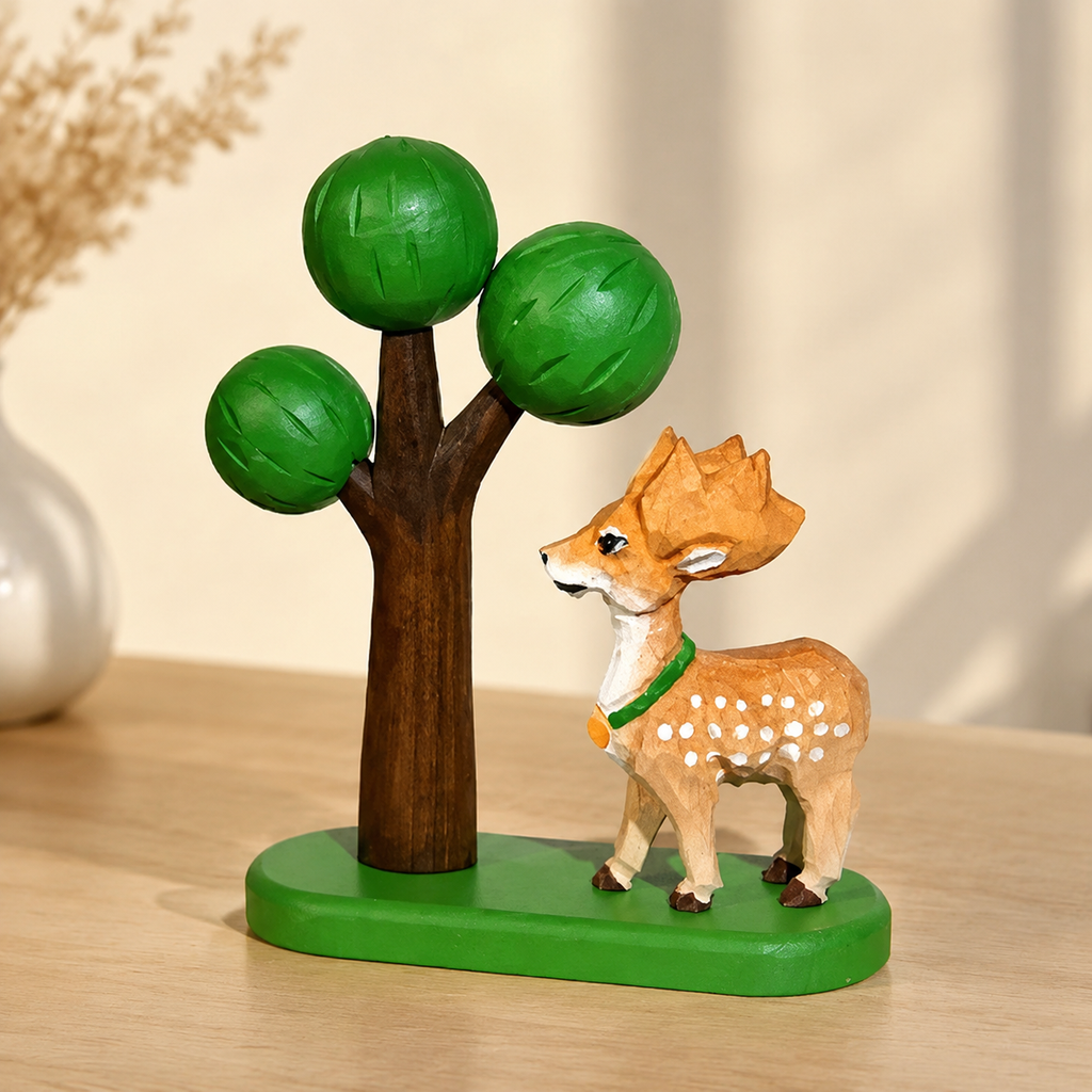 Big Tree Wooden Scene Collection — Big Green Tree with Deer & Green Scarf