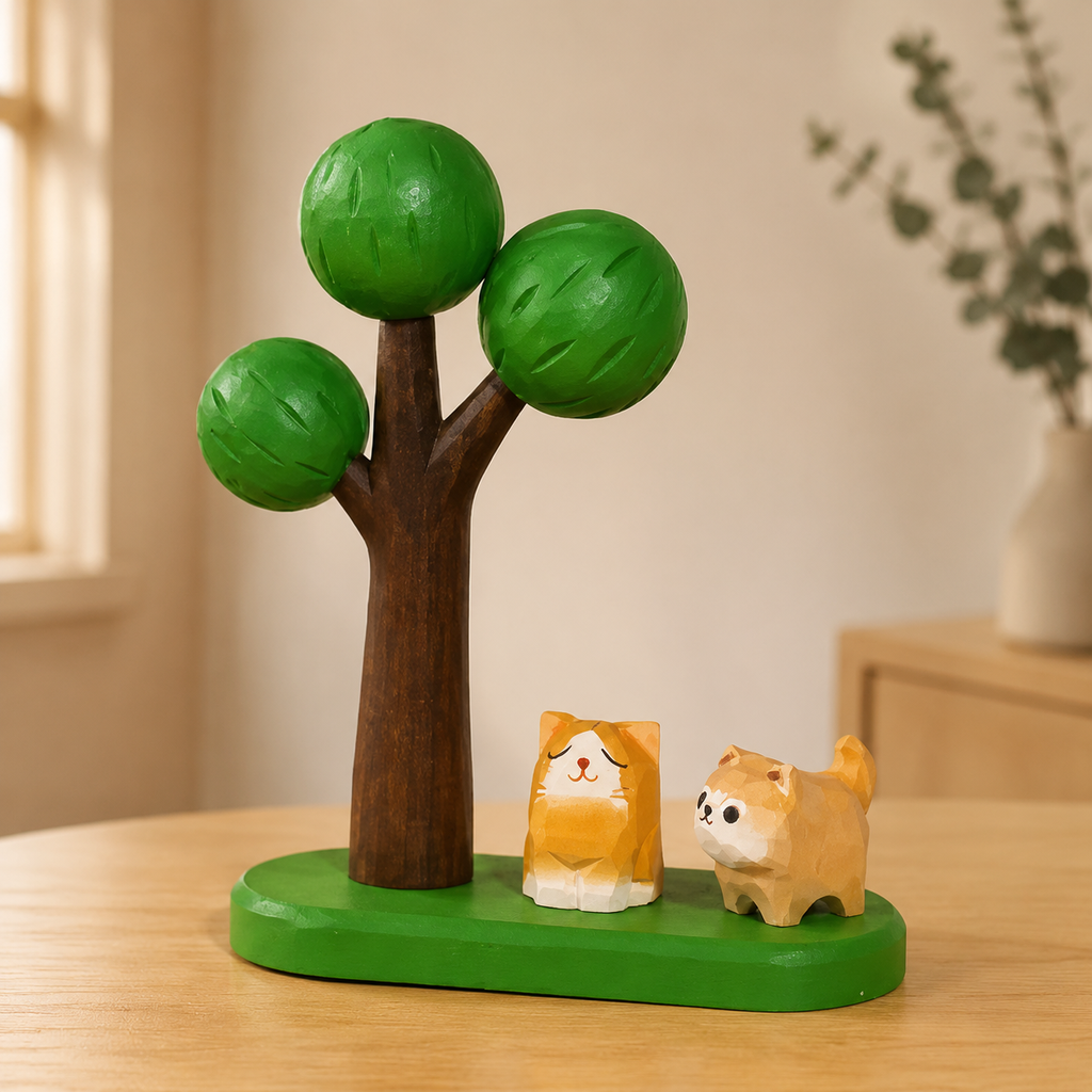 Big Tree Wooden Scene Collection — Big Green Tree with Cat & Shiba Inu