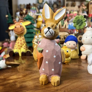 Carrot Bunny Figurine | Handmade Wooden Desk Decor