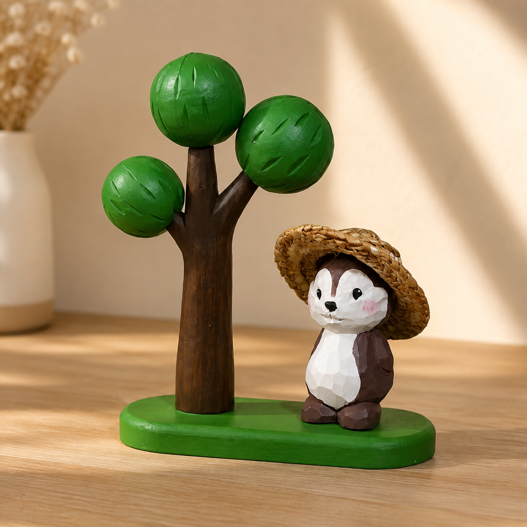 Big Tree Wooden Scene Collection — Big Green Tree with Chipmunk & Straw Hat