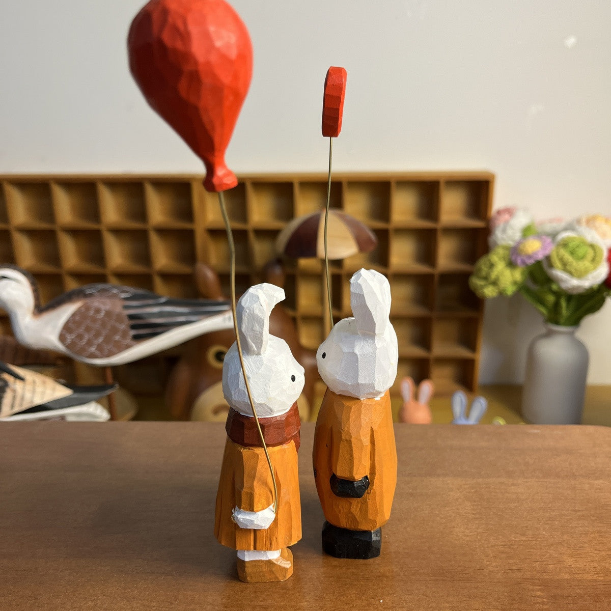 Heart Balloon Bunny Wooden Figurine Set | Handmade Desk Decor