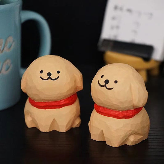 Cute hand-painted line art wooden puppy figurine in golden and white options