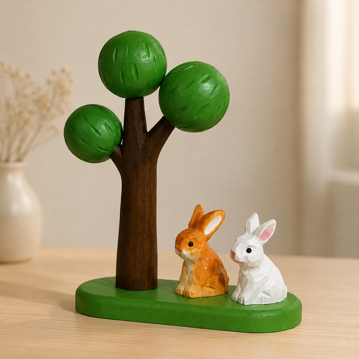 Big Tree Wooden Scene Collection — Big Green Tree with Brown & White Sitting Rabbits