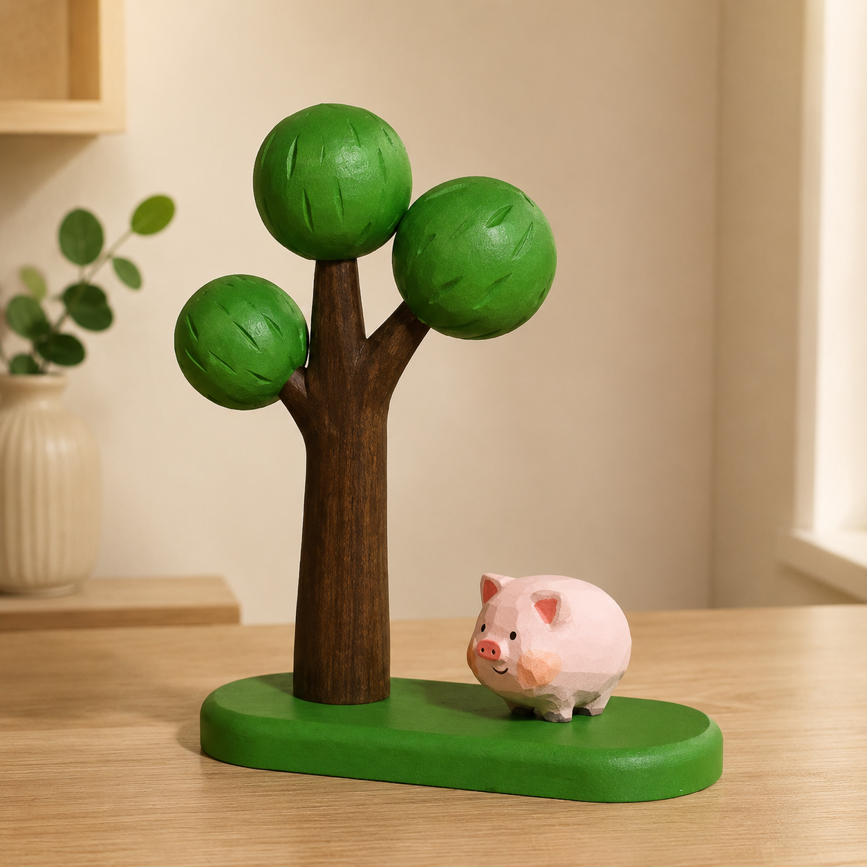 Big Tree Wooden Scene Collection — Big Green Tree with Smiling Pink Pig