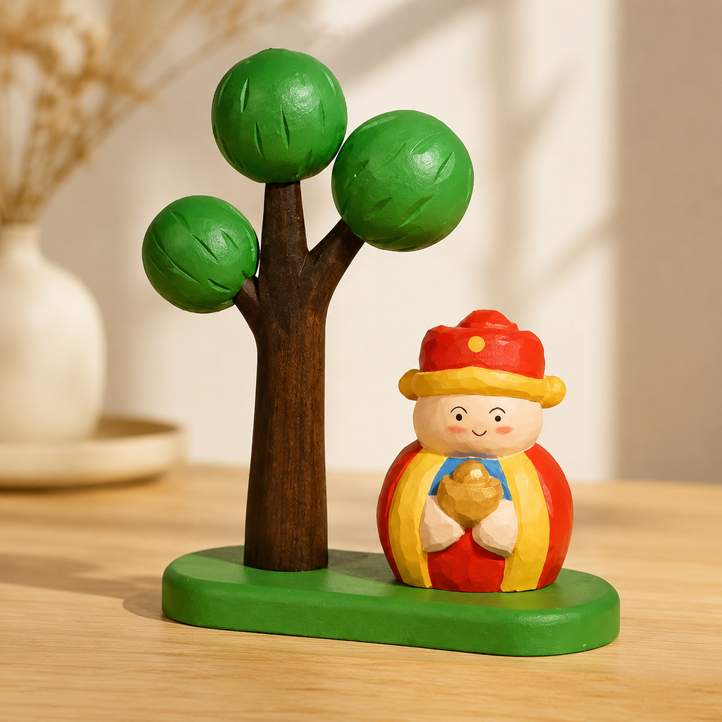 Big Tree Wooden Scene Collection — Big Green Tree with Wooden Fortune Figure