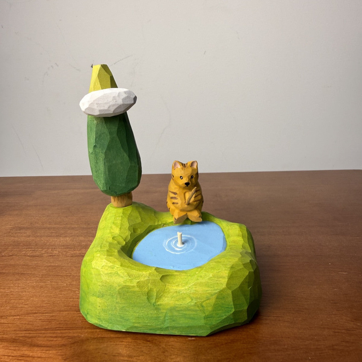 Fishing Cat Wooden Scene | Handmade Wooden Desk Decor