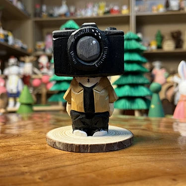 Camera Guy Wooden Figurine | Handmade Wooden Desk Decor