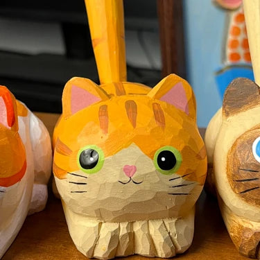 Lucky Cat Pen Holder | Handmade Wooden Desk Decor