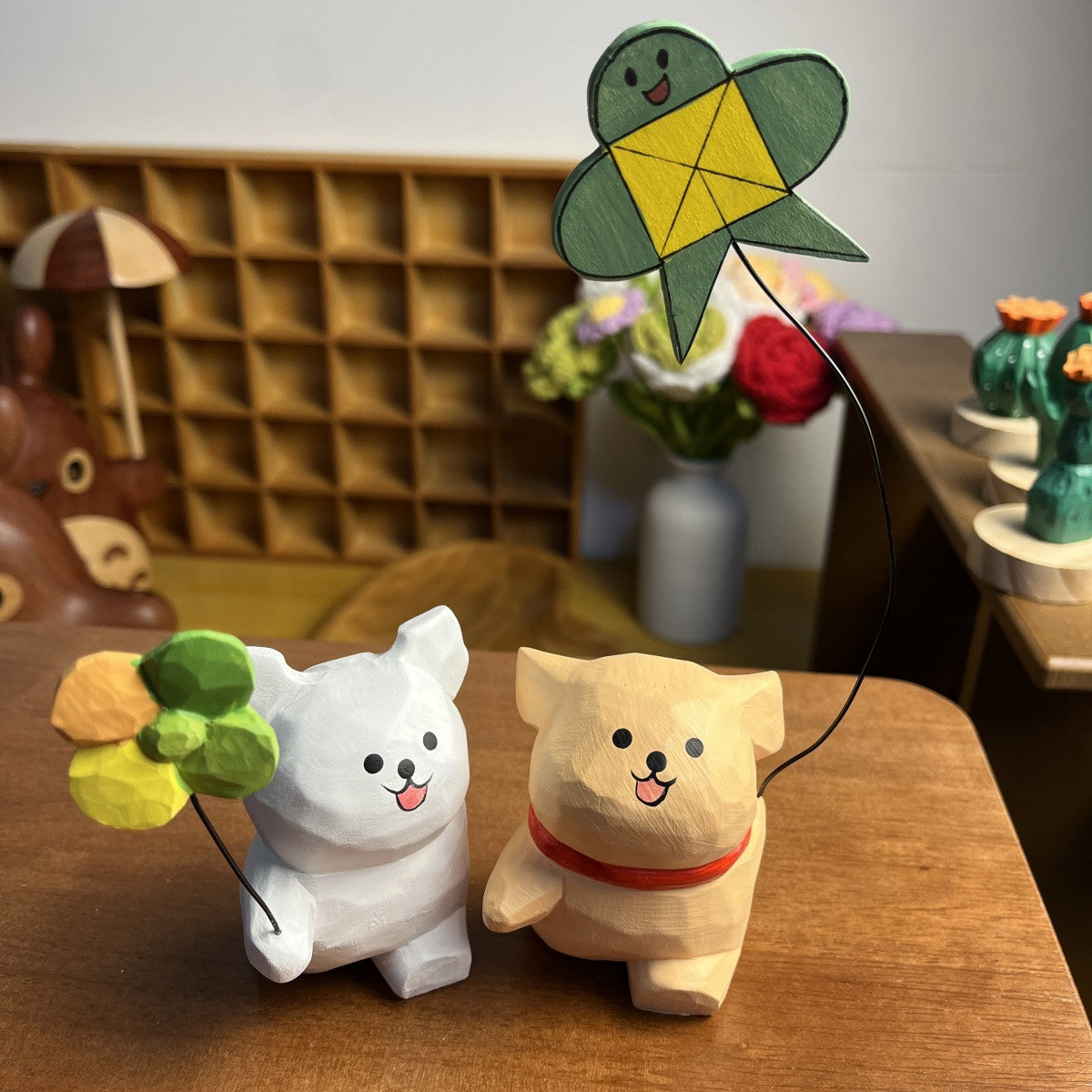 Wandering Line Art Puppy | Handmade Wooden Desk Decor