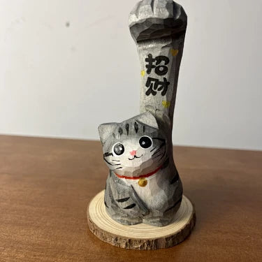 Tabby Lucky Cat Figurine | Handmade Wooden Desk Decor