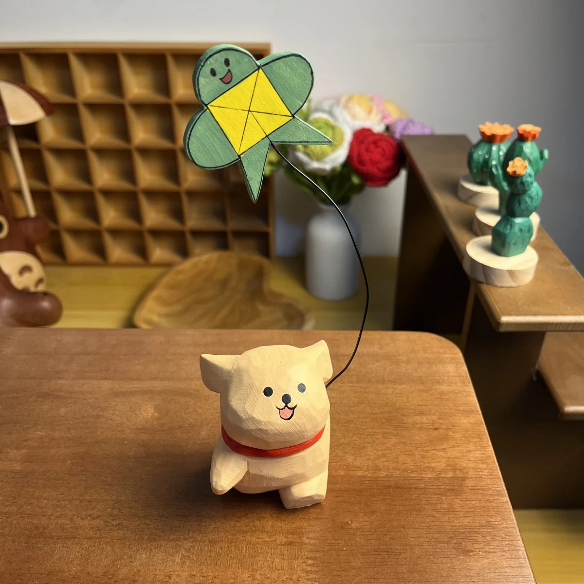 Hand-finished wooden wandering line art puppy figurine for desk accents