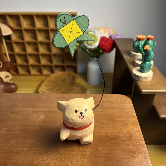 Hand-finished wooden wandering line art puppy figurine for desk accents
