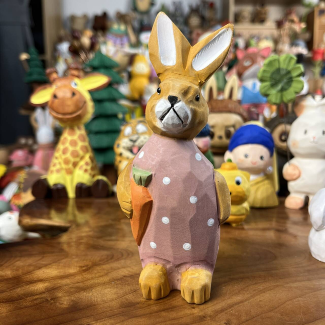 Carrot Bunny Figurine | Handmade Wooden Desk Decor