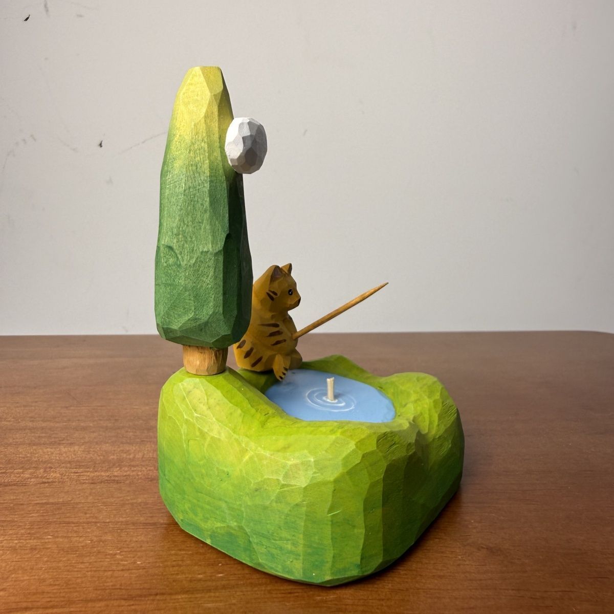 Whimsical hand-finished wooden fishing cat scene accent for desk decor