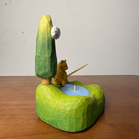 Whimsical hand-finished wooden fishing cat scene accent for desk decor