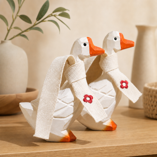 Hand-painted lucky white goose wooden figurine displayed on a modern office desk