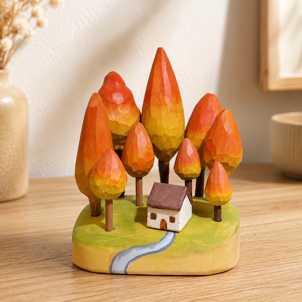 Autumn Forest Cottage Wooden Scene | Handmade Desk Decor — Autumn Forest Cottage — Western home decor product photo