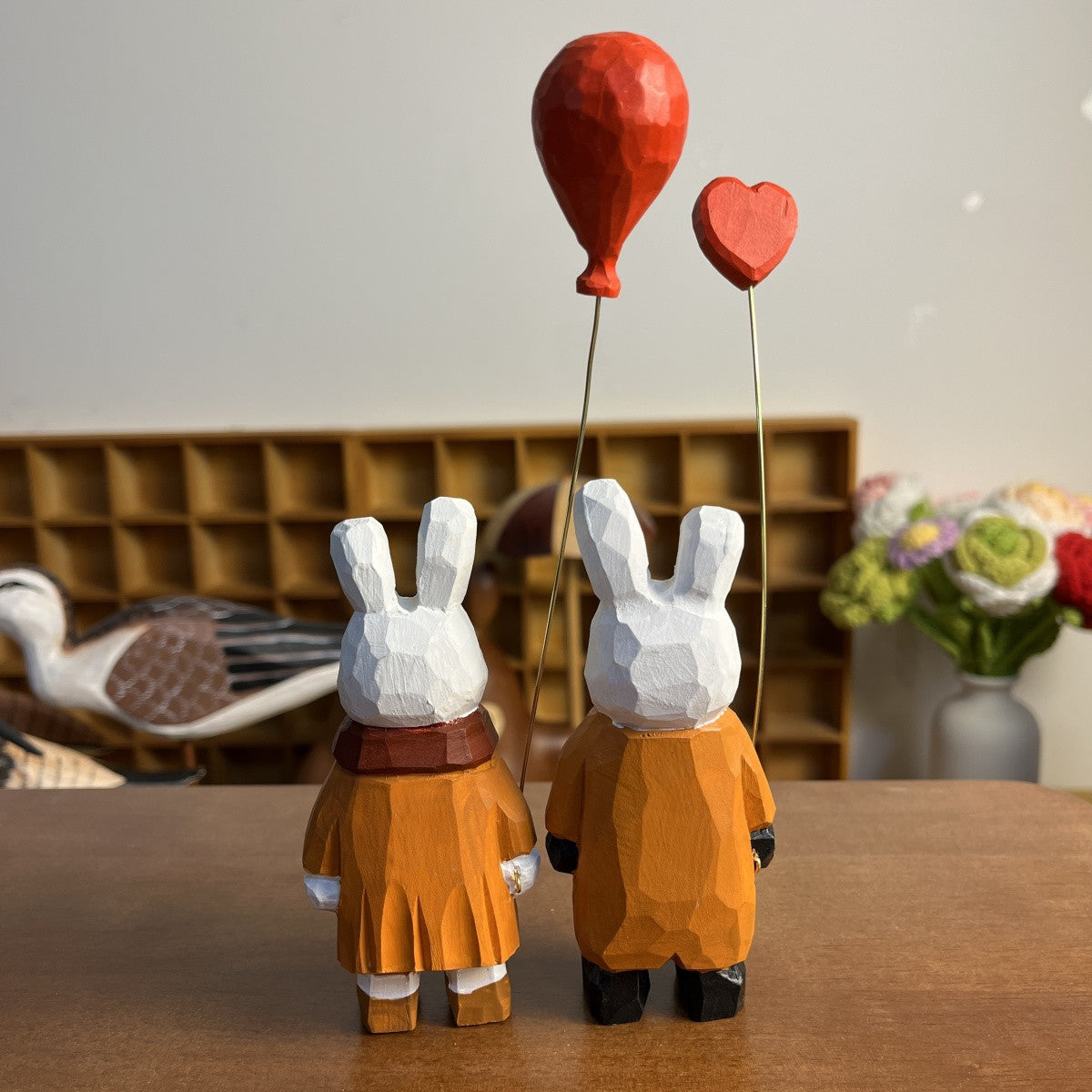 Heart Balloon Bunny Wooden Figurine Set | Handmade Desk Decor