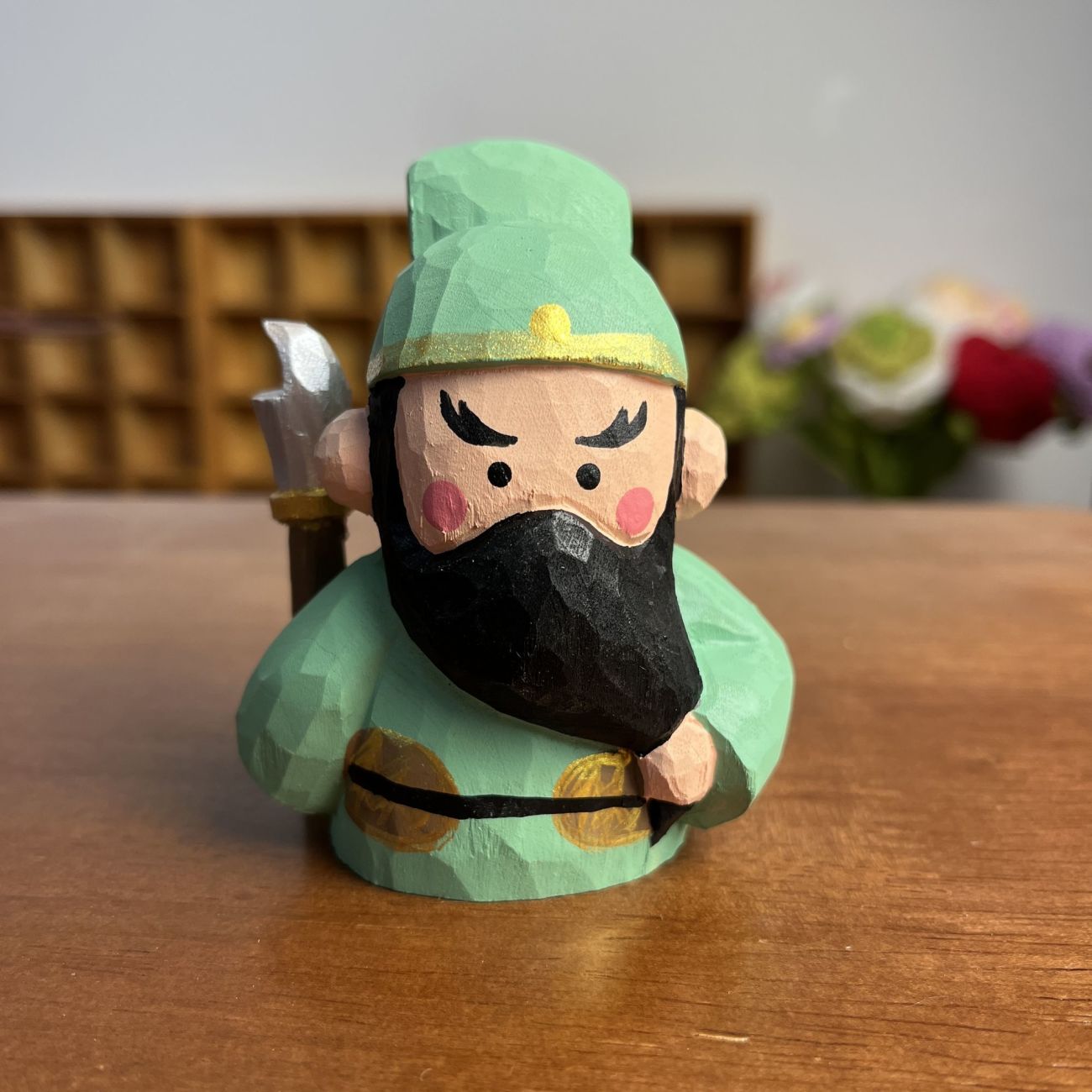 Guan Yu Wealth Figurine | Handmade Wooden Desk Decor