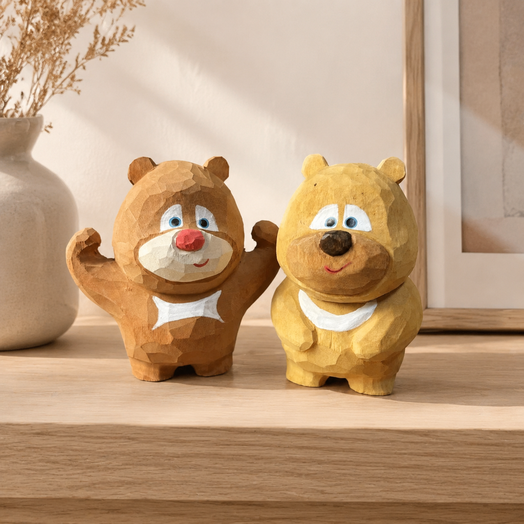 Bear Brothers Wooden Figurines | Handmade Wooden Desk Decor - AI lifestyle product photo