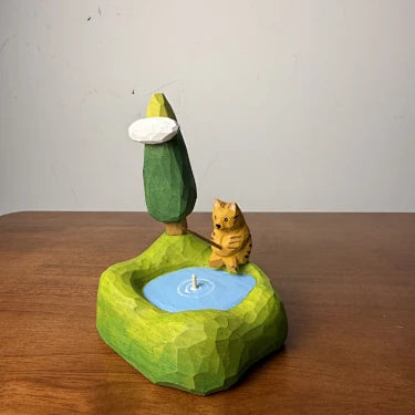 Fishing Cat Wooden Scene | Handmade Wooden Desk Decor