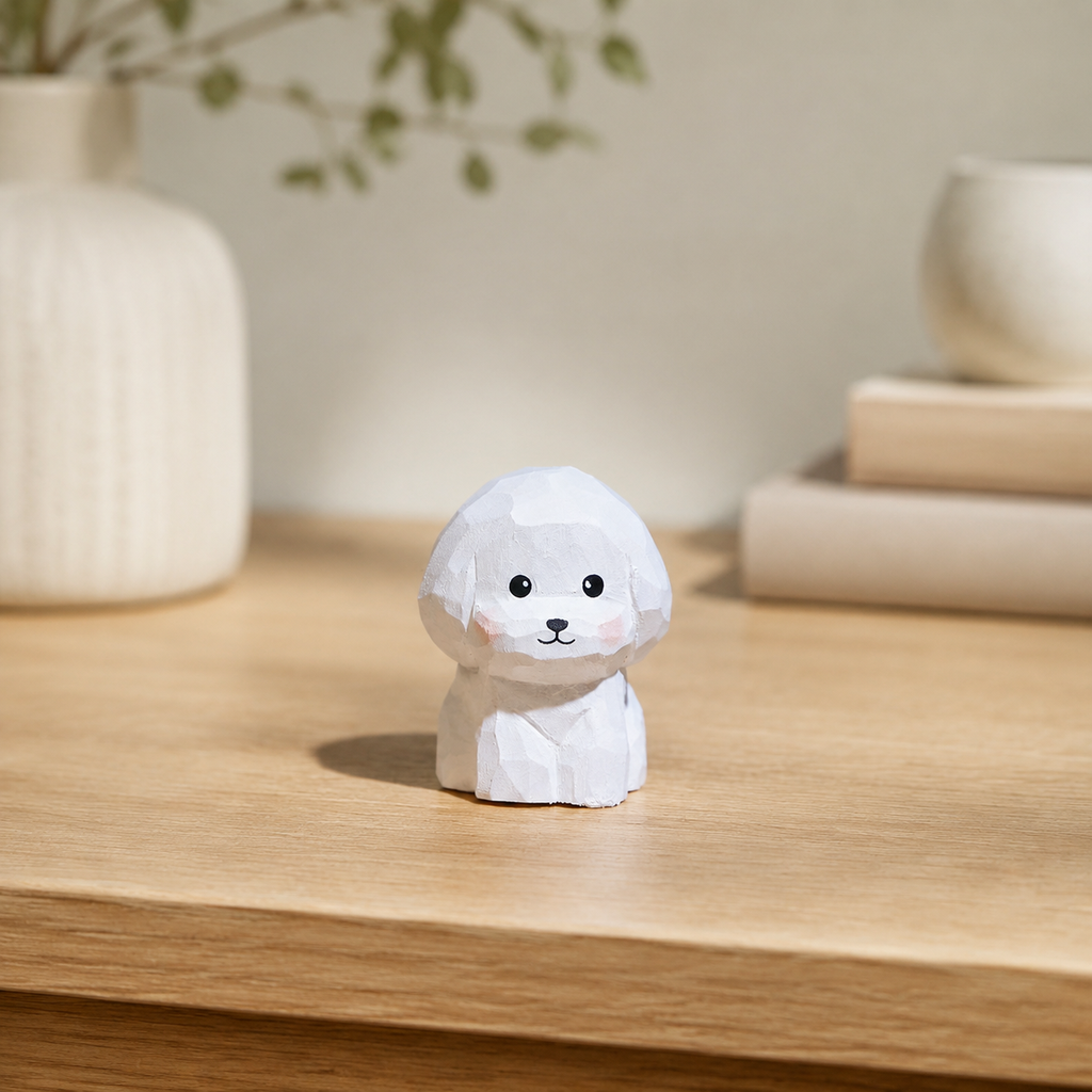 Forest Puppy Wooden Figurines | Handmade Desk Decor — Bichon Frise Wooden Puppy — Western home decor product photo