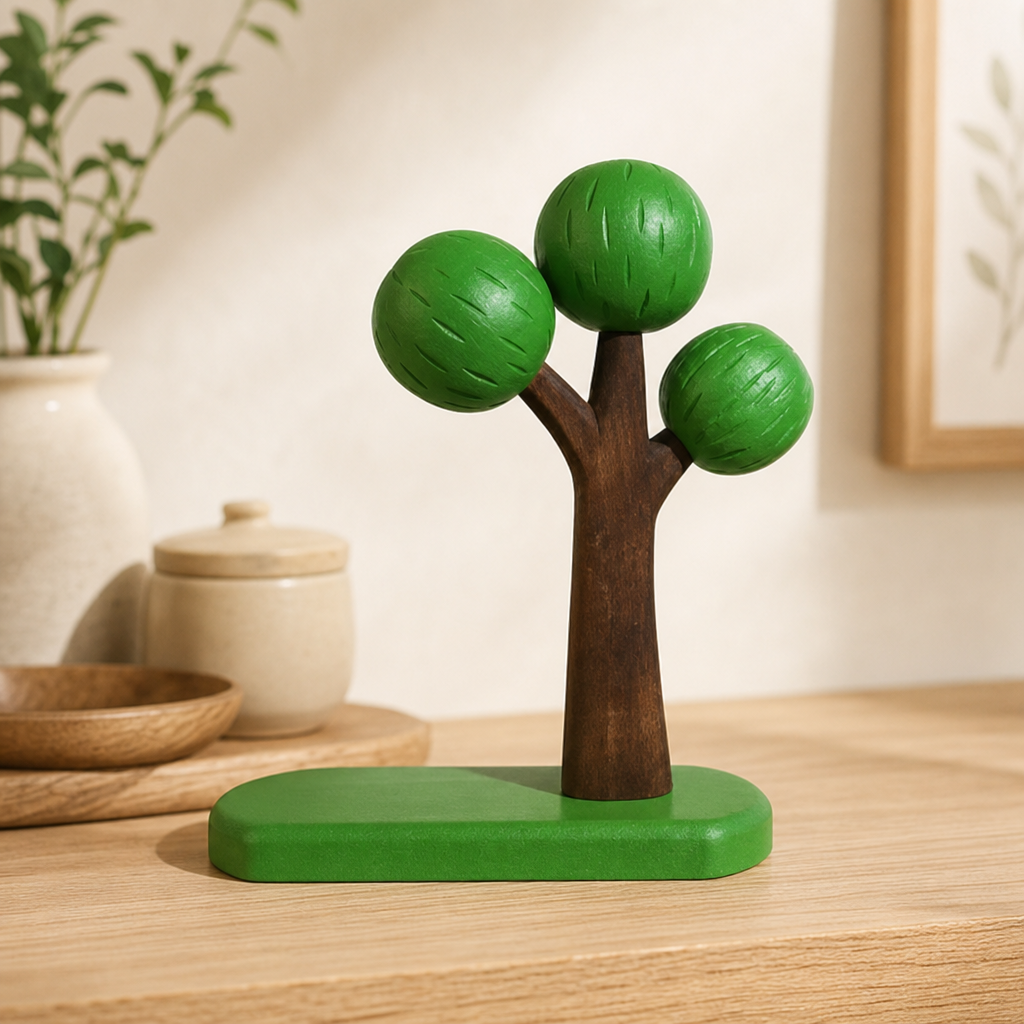 Wooden big tree scene with carved woodland animals on a warm shelf