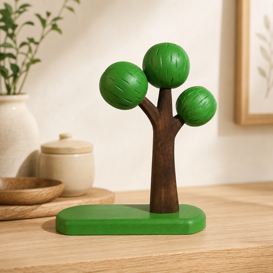 Wooden big tree scene with carved woodland animals on a warm shelf