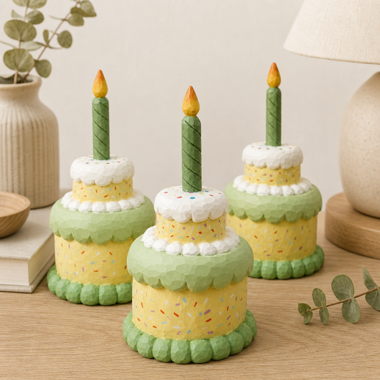 Hand-finished wooden birthday cake display piece standing on a celebration desk setup.