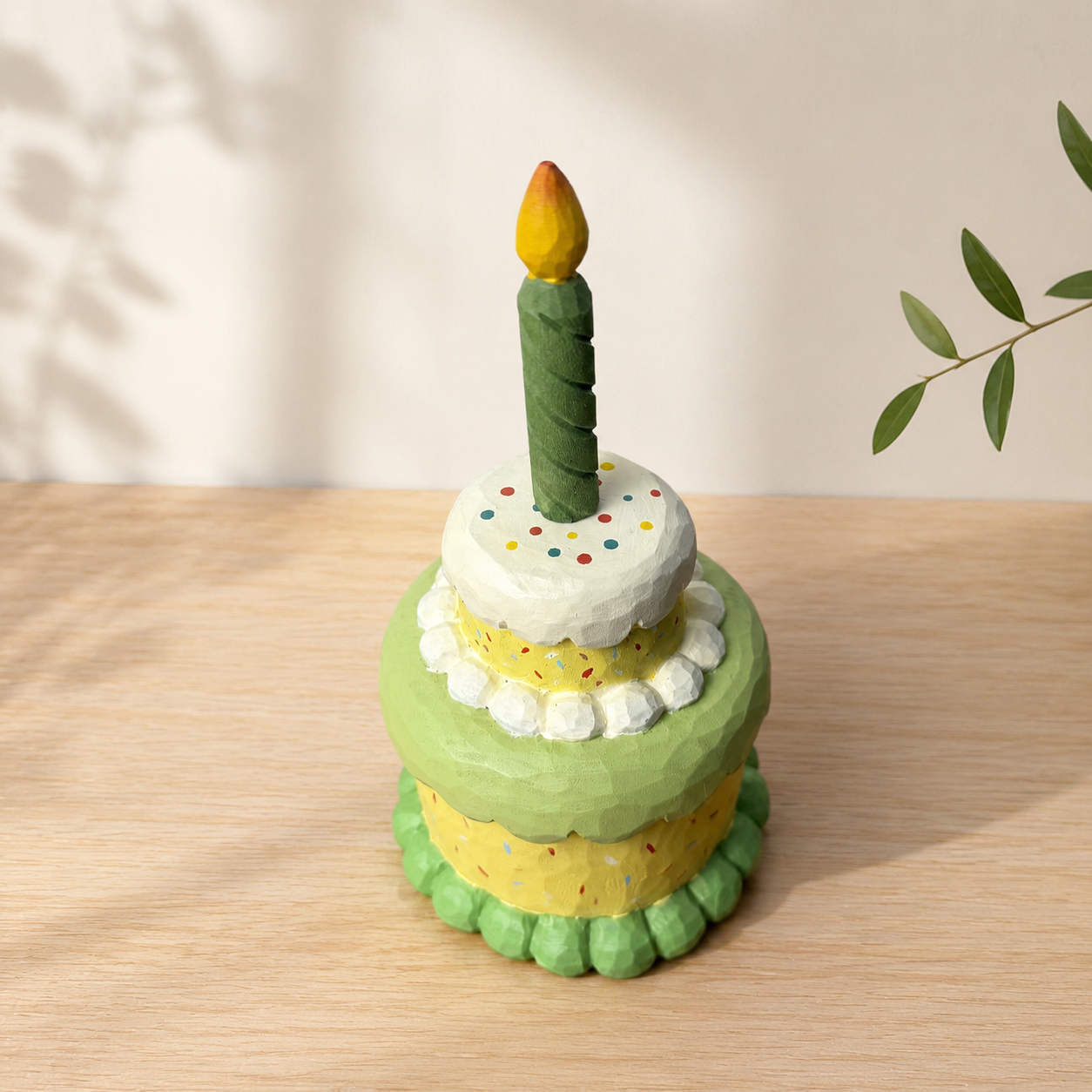 Birthday Cake Wooden Decor | Handmade Wooden Desk Decor - AI lifestyle product photo