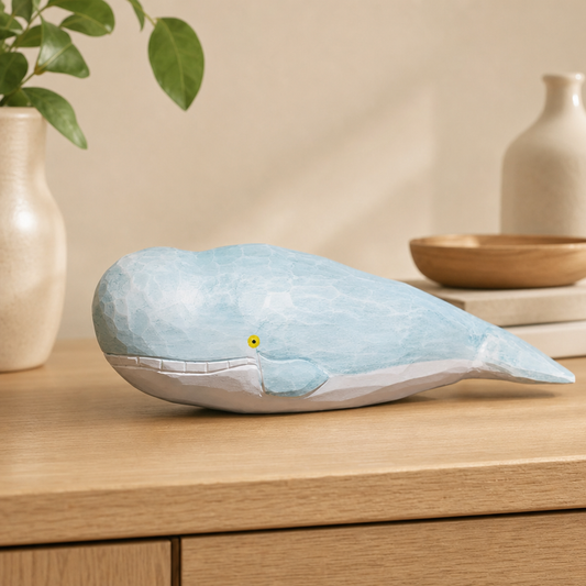 Hand-finished blue whale wooden figurine sitting on a warm wooden tabletop