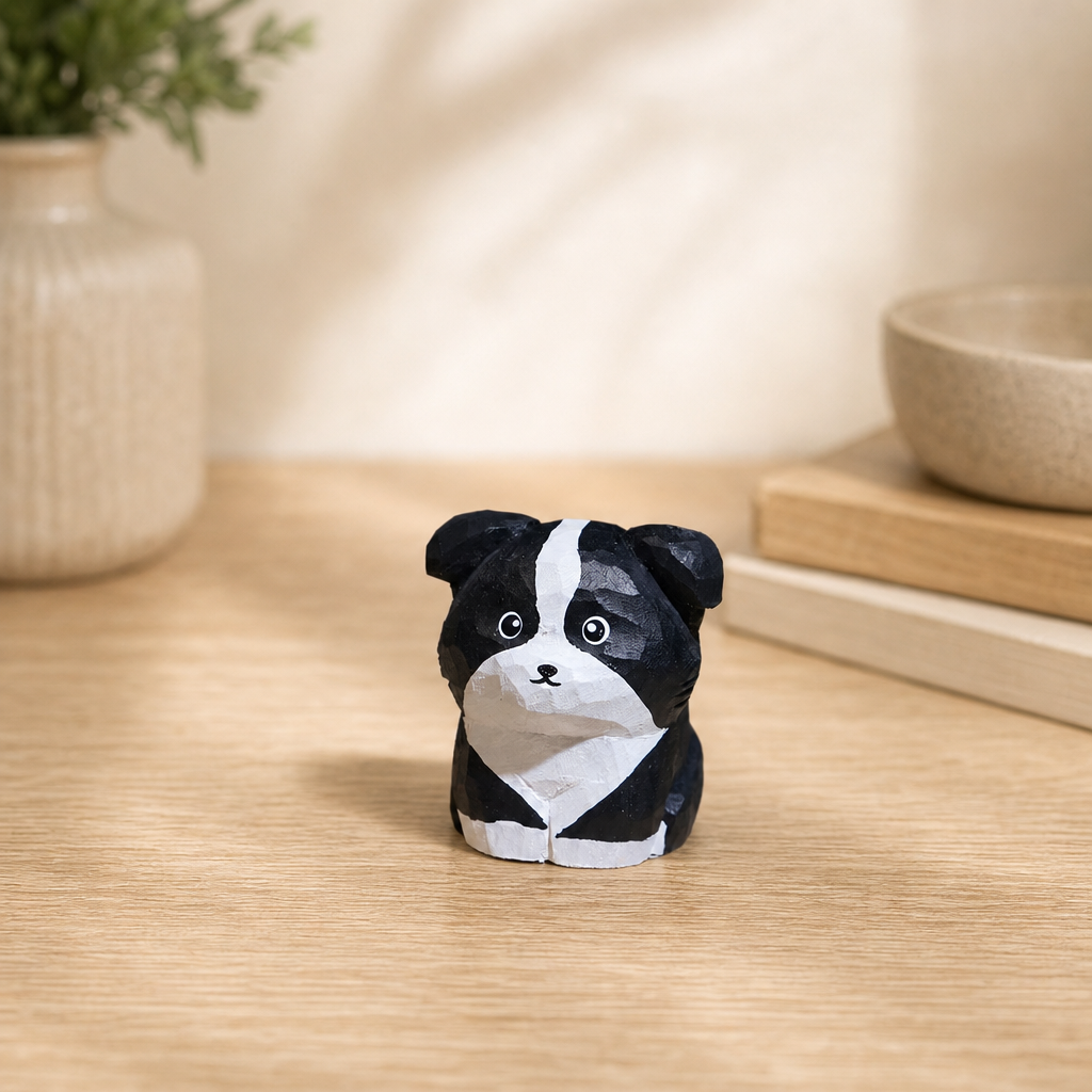 Forest Puppy Wooden Figurines | Handmade Desk Decor — Border Collie Wooden Puppy — Western home decor product photo